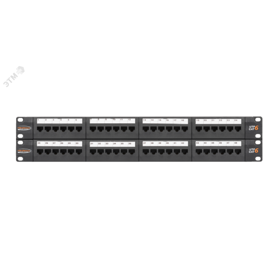 Панель 19'', 2U, 48 портов, Кат.6, RJ45/8P8C, неэкран., черная NIKOMAX/NIKOLAN NMC-RP48UE2-2U-BK