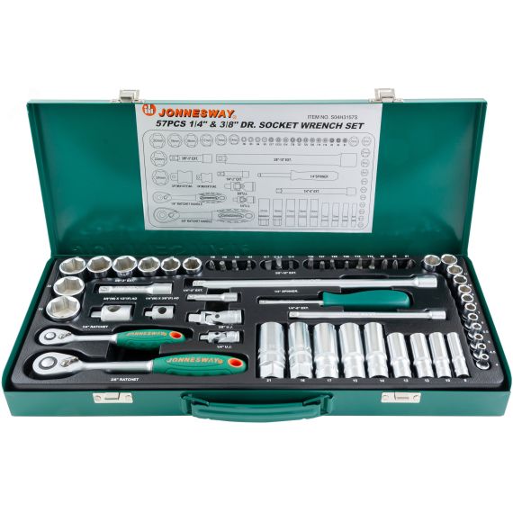 Набор головок торцевых стандартных и глубоких 1/4'' и 3/8''DR, 4-24 мм, 57 предметов Jonnesway S04H3157S