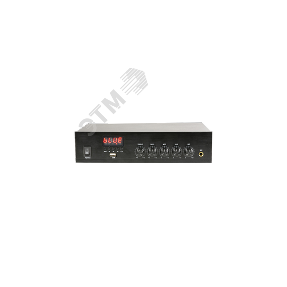 Усилитель 60Вт. 1 микрофонный вход,  100В/4-16Ом. USB/Bluetooth/FM радио. Материал корпуса: Металл (чёрного цвета) MKV PA-1060
