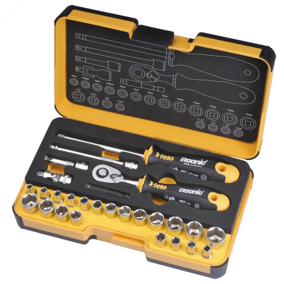 Набор головок с трещоткой и отверткой 1/4'' ERGONIC в кейсе, 27 шт Felo 05782706