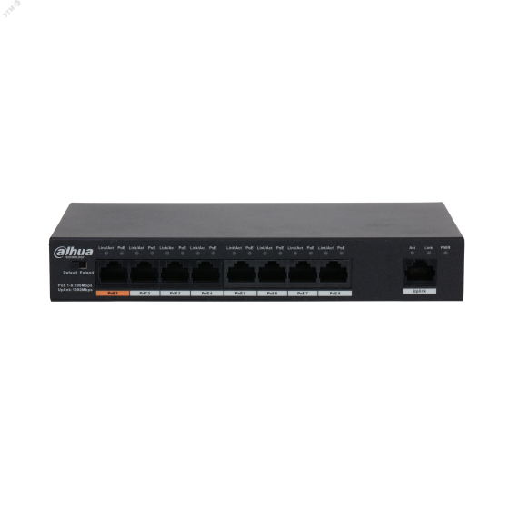 Коммутатор неуправляемый, PoE, 8 портов 100 Мб/с RJ45, 1x1000 Мб/с, 96 Вт Dahua DH-PFS3009-8ET1GT-96