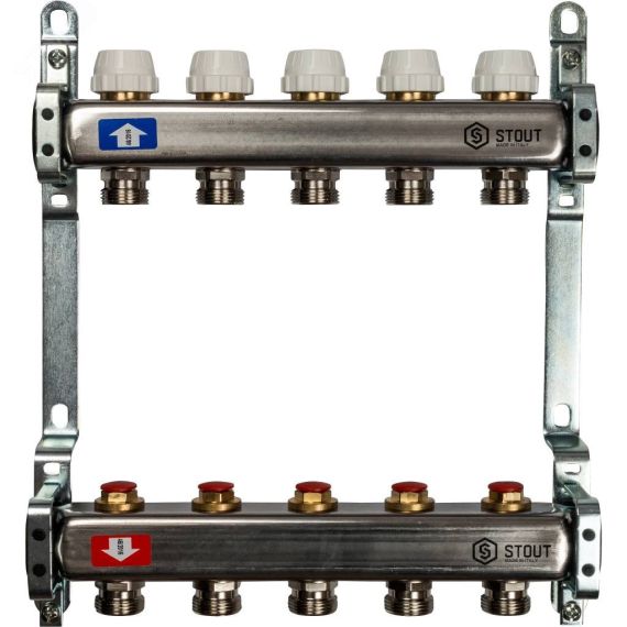 Блок коллекторный с ручными регулировочными клапанами 1' х 5 выходов 3/4' НР евроконус STOUT SMS 0922 000005