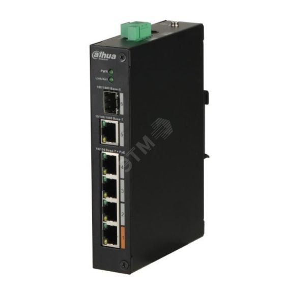 Коммутатор неуправляемый, PoE, 4x100 Мб/с RJ45, 1x1000 Мб/с, 1xSFP, 60 Вт Dahua DH-PFS3106-4ET-60