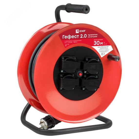 Удлинитель на катушке Гефест 2.0 4 гнезда 30м с   заземлением и предохранителем КГ 3*2,5 16А/3,5кВ тIP44 PROxima EKF UKG02-16-R325-4-30-IP44