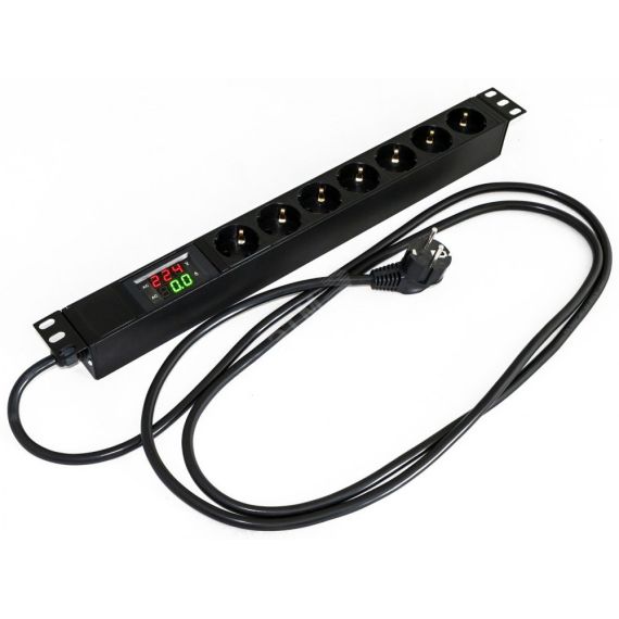 Блок розеток для 19' шкафов. горизонтальный. 7 розеток Schuko. амперметр/вольтметр. кабель питания 2.5м (3х1.5мм2) с вилкой Schuko 16A. 250В. 482.6x44 Hyperline SHE19-7SH-AV-2.5EU