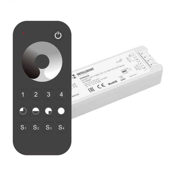 INTELLIGENT ARLIGHT Диммер SMART-SET-PWM-101-72-DIM-PD-SUF Black (5-36V, 1x8A, x4, ПДУ 13кн, 2.4G) (IARL, IP20 Пластик, 5 лет) Arlight 036201