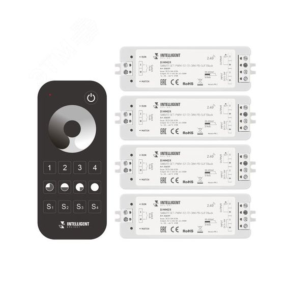 INTELLIGENT ARLIGHT Диммер SMART-SET-PWM-101-72-DIM-PD-SUF Black (5-36V, 1x8A, x4, ПДУ 13кн, 2.4G) (IARL, IP20 Пластик, 5 лет) Arlight 036201