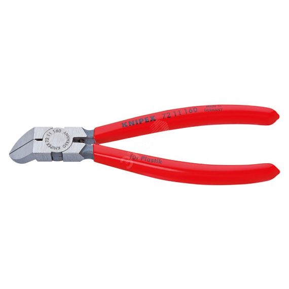 Бокорезы для пластмассы губки 45° с пружиной удлинённые режущие кромки без фасок L-160 мм обливные рукоятки Knipex KN-7211160