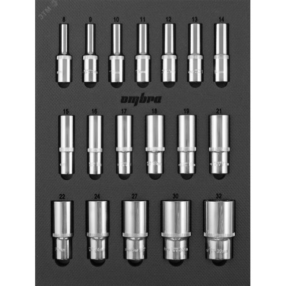 Набор головок торцевых глубоких 1/2'' DR в EVA ложементе 280х375 мм, 18 предметов Ombra OMT18STE
