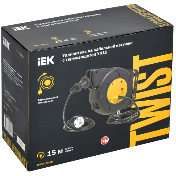 TWIST Катушка УК15 1 место с заземлением 3х1,5мм2 с автосмоткой кабеля 15м+2м IEK