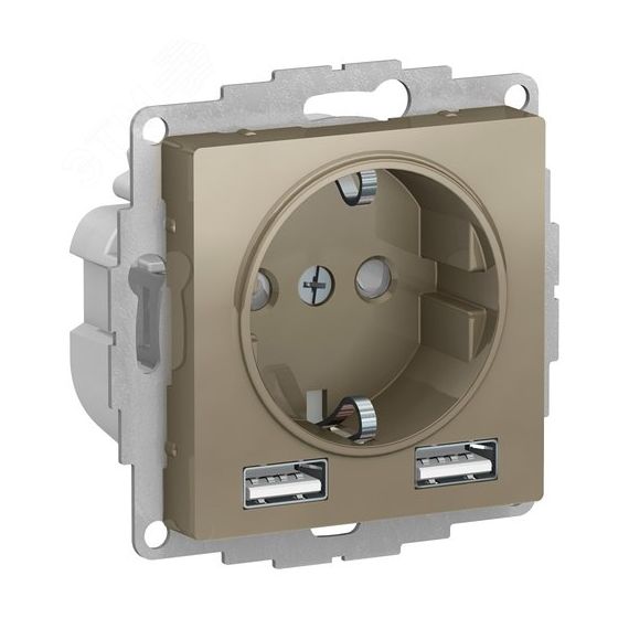 РОЗЕТКА ATLASDESIGN 16А c 2 USB A+A, 5В/2,4А, 2х5В/1,2А, механизм, ШАМПАНЬ SE (Systeme) ATN000530