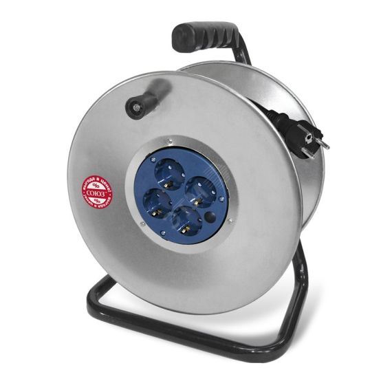 Удлинитель силовой ТМ Союз на металлической катушке 4 гнезда с защиткой крышкой 3700Вт ПВС 50м Универсал 482S-4375