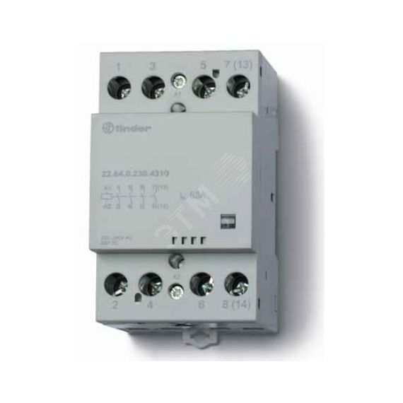 Контактор модульный 63А 3NO+1NC катушка 230В AC/DC механический индикатор контакты AgSnO2 FINDER 22.64.0.230.4710