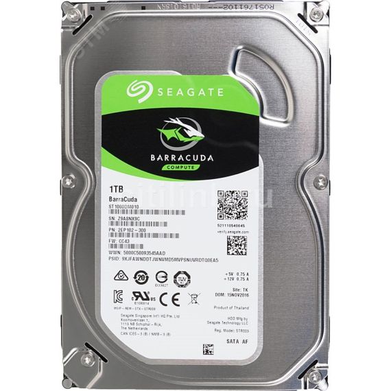 Жесткий диск 1TB Barracuda 3.5'', SATAIII, 7200 об/мин, 64 МБ Seagate ST1000DM010