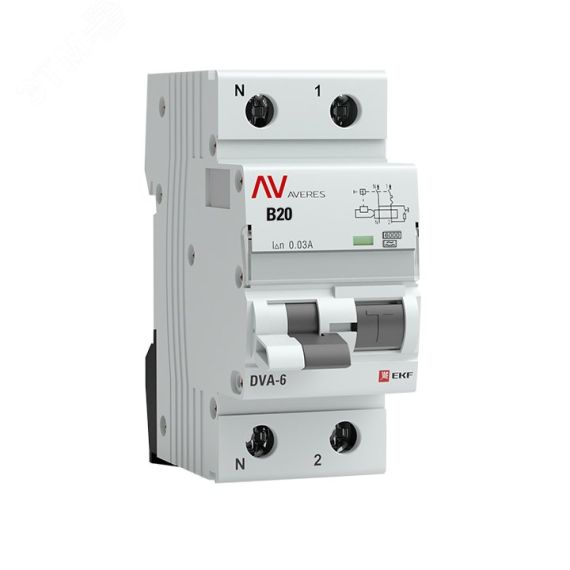 Автомат дифференциальный DVA-6 1P+N 20А (B) 30мА (A) 6кА AVERES EKF rcbo6-1pn-20B-30-a-av
