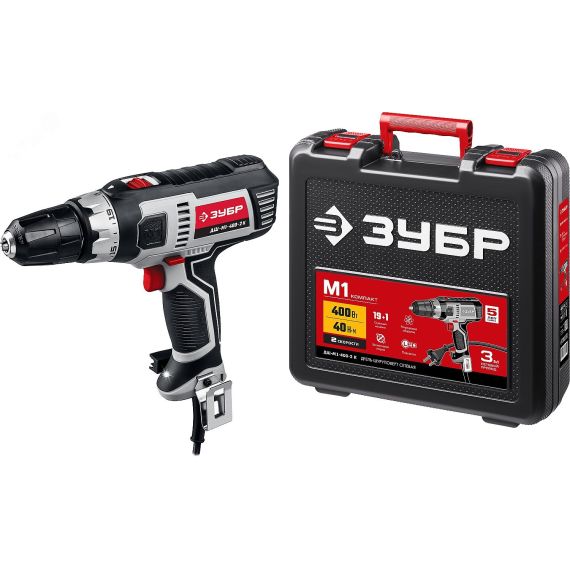 Дрель-шуруповерт сетевая, 400 Вт, 0-450/0-1800 об/мин, в кейсе ЗУБР ДШ-М1-400-2 К