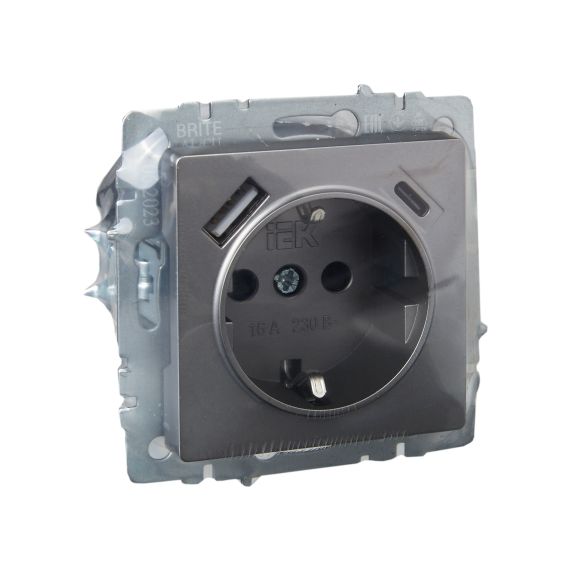 BRITE Розетка 1-местная с заземлением с защитными шторками 16А с USB A+C 18Вт РЮш11-1-БрС сталь IEK