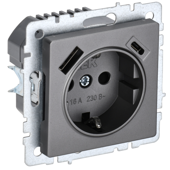 BRITE Розетка 1-местная с заземлением с защитными шторками 16А с USB A+C 18Вт РЮш11-1-БрС сталь IEK