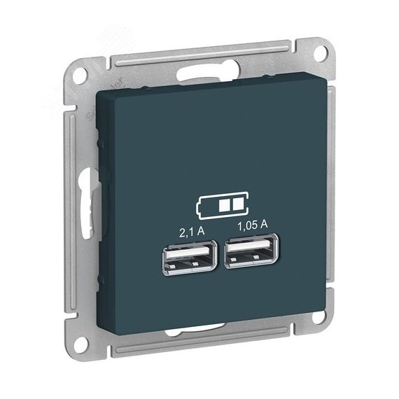 Розетка ATLASDESIGN USB 5В 1 порт x 2,1 А 2 порта х 1,05 А механизм изумруд SE (Systeme) ATN000833
