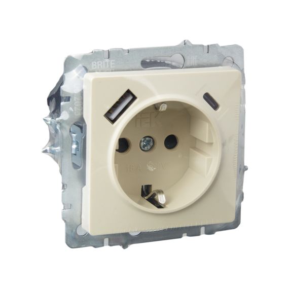 BRITE Розетка 1-местная с заземлением с защитными шторками 16А с USB A+C 18Вт РЮш11-1-БрКр бежевый IEK