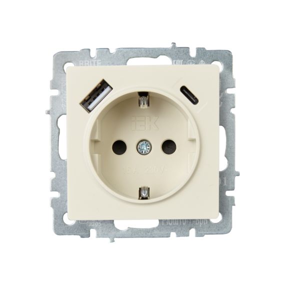 BRITE Розетка 1-местная с заземлением с защитными шторками 16А с USB A+C 18Вт РЮш11-1-БрКр бежевый IEK
