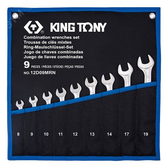 Набор комбинированных ключей, 8-19 мм, чехол из теторона, 9 предметов King Tony 12D09MRN
