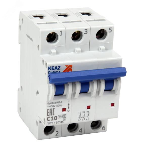 Выключатель автоматический трехполюсный 5А C 10кА AC OptiDin BM63-3C31,5-10-УХЛ3 КЭАЗ 295838