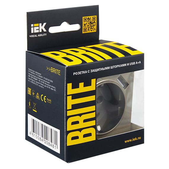 BRITE Розетка 1-местная с заземлением с защитными шторками 16А с USB A+A 5В 3,1А РЮш10-2-БрШ шампань IEK