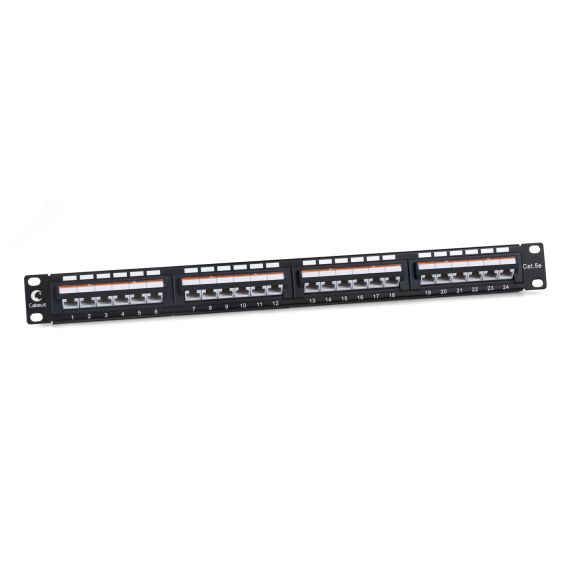 Патч-панель 19' (1U), 24 порта RJ-45, категория 5e, Dual IDC, угол портов 45 градусов Cabeus PLAN-24-Cat.5e-Dual IDC