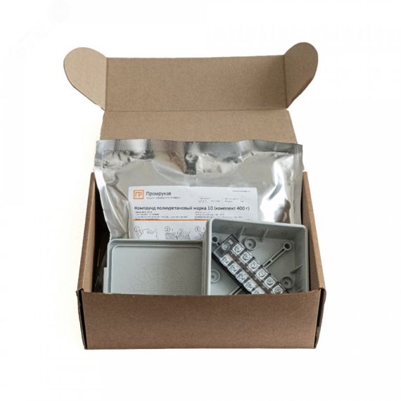 Коробка распределительная двухкомпонентная (HF) в комплекте с компаундом и с 6-кл. зажимами, сечение до 2,5 мм, 100х100х40 серая Промрукав PR80.0176