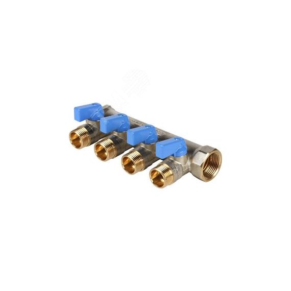 Коллектор с шаровыми кранами 3/4', 4 отвода 1/2' (синие ручки) STOUT SMB 6201 341204