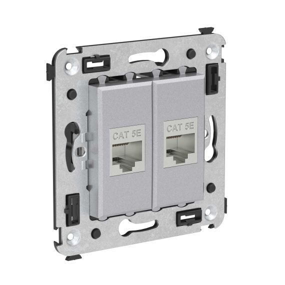 Компьютерная розетка RJ-45 без шторки в стену, кат.5e двойная экранированная, "Avanti", "Закаленная сталь" Компьютерная розетка RJ-45 без шторки в стену, кат.5e двойная экранированная, "Avanti", "Закаленная сталь"