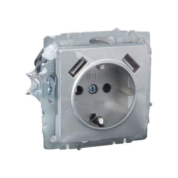 BRITE Розетка 1-местная с заземлением с защитными шторками 16А с USB A+A 5В 2,1А РЮш10-1-БрА алюминий IEK BRITE Розетка 1-местная с заземлением с защитными шторками 16А с USB A+A 5В 2,1А РЮш10-1-БрА алюминий IEK