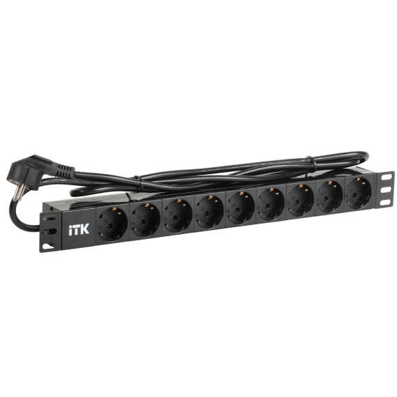ITK PDU 9 розеток DIN49440 (нем. станд.) 1U, шнур 2м вилка DIN49441 (нем. станд.), профиль из ПВХ, черный