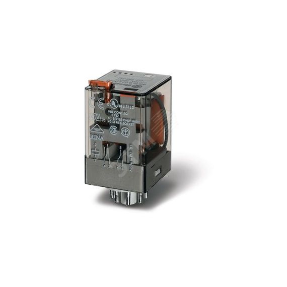 Реле универсальное электромеханическое, монтаж в розетку 8-штырьковый разъем, 2CO 10A, контакты AgNi, токовая катушка AC 0.6A, степень защиты RTI, опц FINDER 60.12.4.061.0040