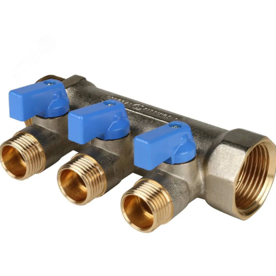 Коллектор с шаровыми кранами 1', 3 отвода 1/2' (синие ручки) STOUT SMB 6211 011203