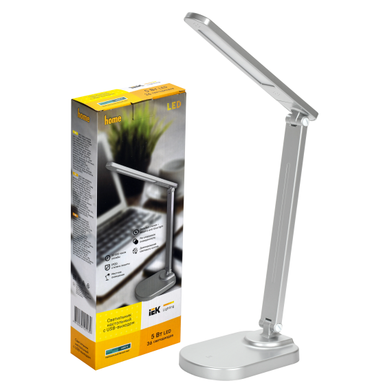Светильник светодиодный настольный 2028 5Вт на подставке USB-выход диммер серебро IEK