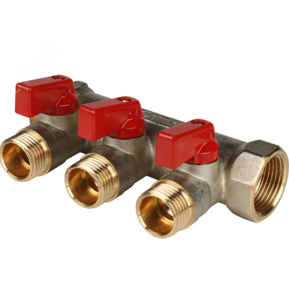 Коллектор с шаровыми кранами 3/4', 3 отвода 1/2' (красные ручки) STOUT SMB 6210 341203