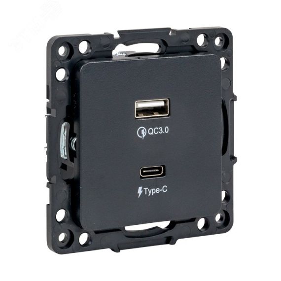 Стокгольм Механизм Розетки с 2USB type-A + type-C черный EKF EZR-2USB-type-C