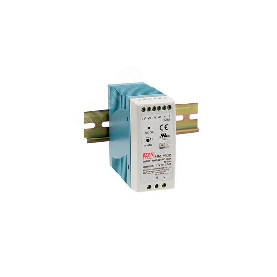 Блок питания AC-DC, 40.1Вт, на DIN рейку, вход 90-264В AC, 47-63Гц, 127-370В DC, выход 12В,3.34А, регулировка 12-15В, димминг 3 в 1, в кожухе Mean well DRA-40-12