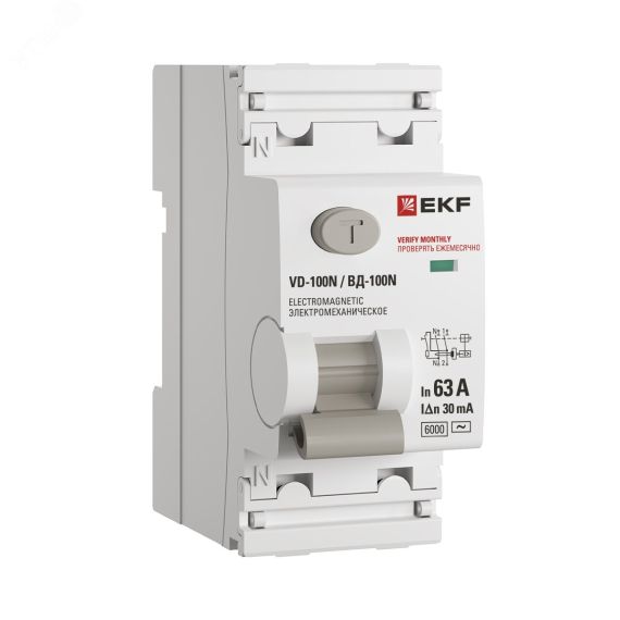 Выключатель дифференциального тока ВД-100N  2P 63А 30мА тип AC эл-мех 6кА PROXIMA EKF EKF E1026M6330