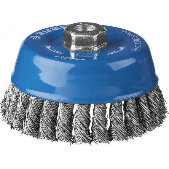 Щетка чашечная для УШМ, плетеные пучки стальной проволоки 0,5мм, 120ммхМ14 ''Профессионал''. ЗУБР 35275-120_z02