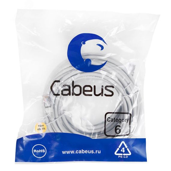 Патч-корд F/UTP, категория 6, 2xRJ45/8p8c, экранированный, серый, LSZH, 15м Cabeus PC-FTP-RJ45-Cat.6-15m-LSZH