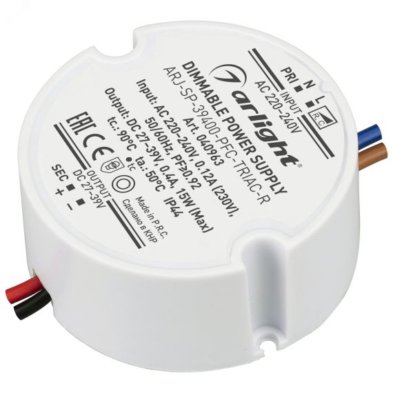 Блок питания ARJ-SP-39400-PFC-TRIAC-R (15W, 27-39V, 400mA) (IP44 Пластик, 5 лет) Arlight 040963