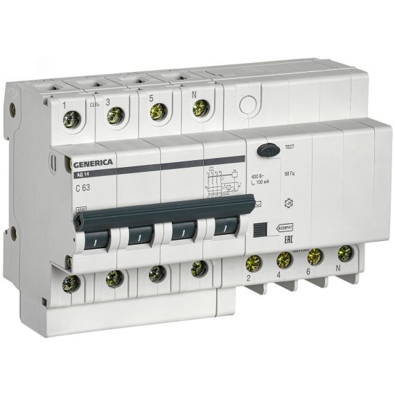 Выключатель автоматический дифференциальный АД14 4Р 63А 100мА GENERICA IEK MAD15-4-063-C-100