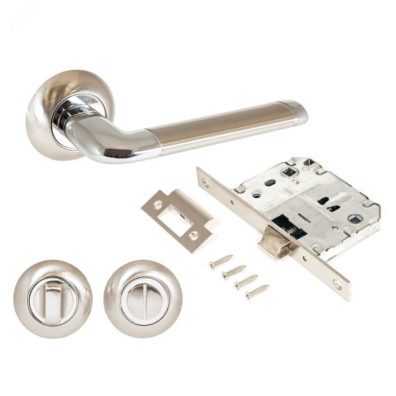 Комплект ручек и защелка АЛЛЮР АРТ ПОЛО SN/CP+L7050S SN+BK-R1 SN (1582/S7050) мат.никель/хром  с фикс ПТК 14663