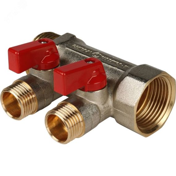 Коллектор с шаровыми кранами 1', 2 отвода 1/2' (красные ручки) STOUT SMB 6200 011202