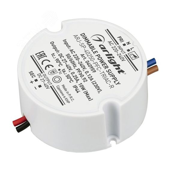Блок питания ARJ-SP-40250-PFC-TRIAC-R (10W, 27-40V, 250mA) (IP44 Пластик, 5 лет) Arlight 040959