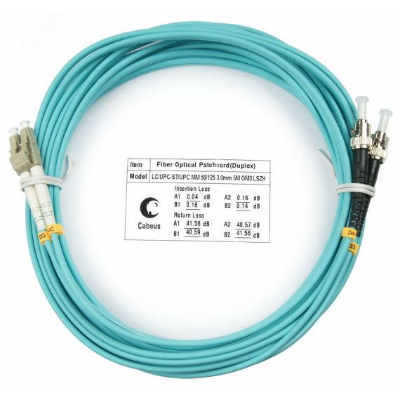 Шнур оптический duplex 20м LC-ST 50/125 мм OM3 LSZH Cabeus FOP-50-LC-ST-20m