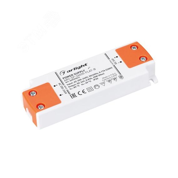 Блок питания ARV-SP-24020-FLAT-B (24V, 0.83A, 20W) (Arlight, IP20 Пластик, 5 лет) Arlight 029375(1)